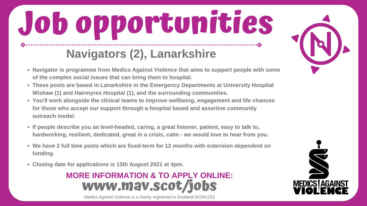 Medics Against Violence (@mavscotland) on Twitter photo We've got two vacancies with <a href="/NavigatorsScot/">Navigator Scotland</a> in Lanarkshire <a href="/wishydocs/">Wishaw General ED 💙</a> and <a href="/Hairmyres_ED/">Hairmyres ED</a> and we've extended the closing date for both till 13th August.
If you'd like more information email info@mav.scot
To apply mav.scot/jobs We've got two vacancies with <a href="/NavigatorsScot/">Navigator Scotland</a> in Lanarkshire <a href="/wishydocs/">Wishaw General ED 💙</a> and <a href="/Hairmyres_ED/">Hairmyres ED</a> and we've extended the closing date for both till 13th August.
If you'd like more information email info@mav.scot
To apply mav.scot/jobs