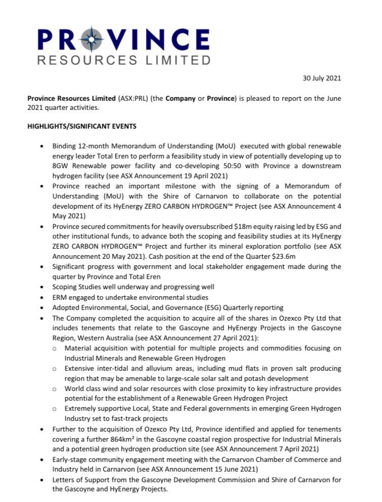 Province Resources Province Resources Prl Is Pleased To Report Our Quarterly Reports To Market We Continue To Progress Our Greenhydrogen Project In Carnarvon Wa Zerocarbonhydrogen Renewables Esg Wind Solar Wa