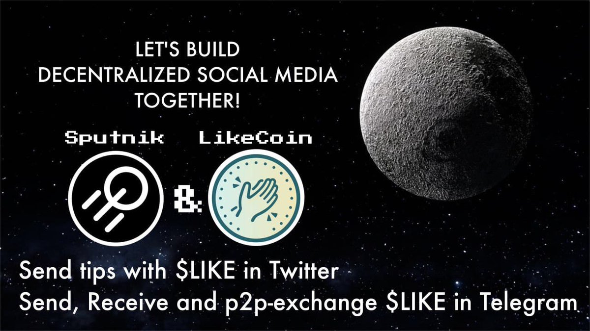 SputnikNetwork's tweet photo. @likecoin &amp; @SputnikNetwork are connected!

Send tips with $LIKE directly in Twitter!
Write in any comment with other text or without:
<@username> <amount>like #sputnik

Example:
@ckxpress 0.123like #sputnik

It will send 0.123 $LIKE to @ckxpress balance  

⬇️⬇️⬇️ https://t.co/GZBRsPr4uU