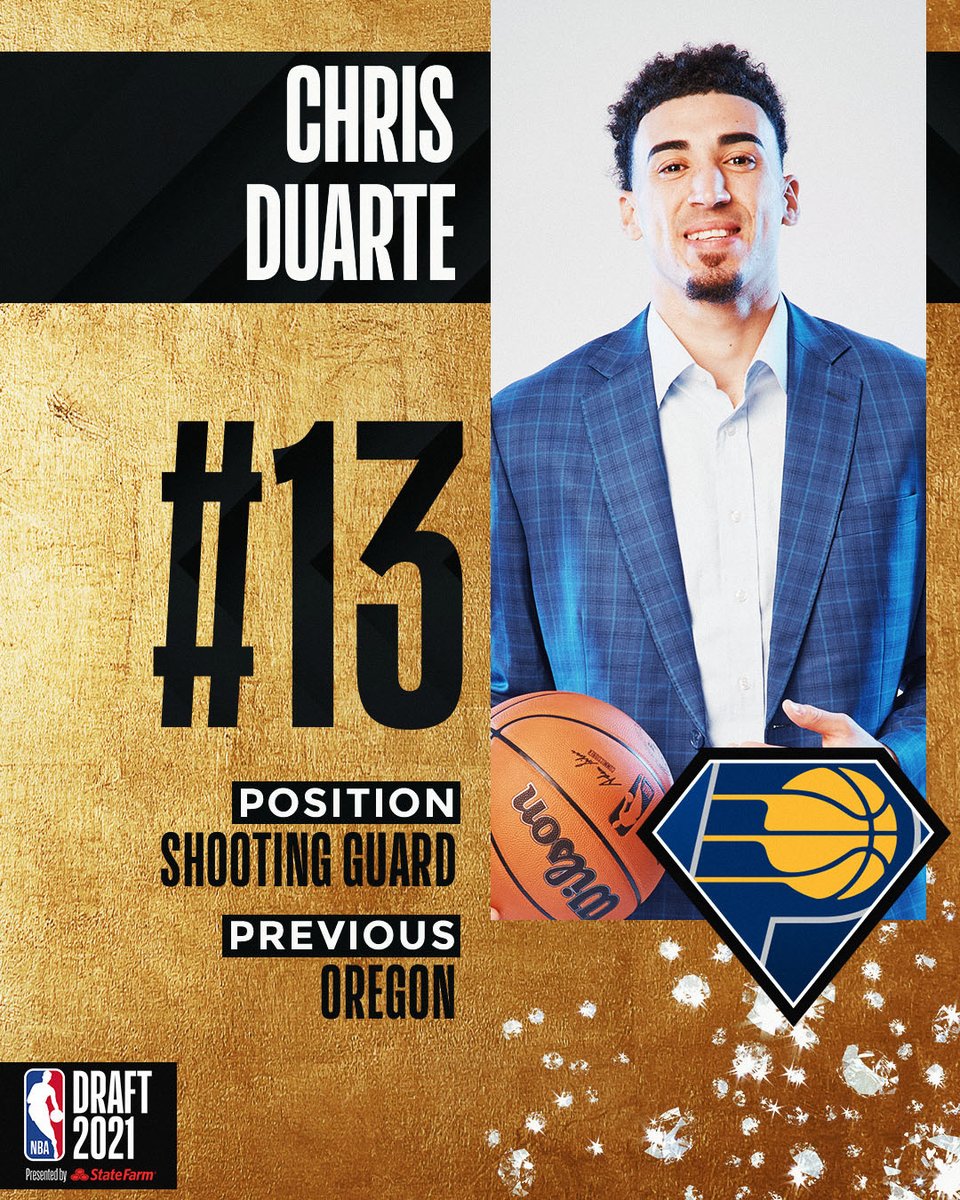 NBA's tweet photo. With the 13th pick of the @NBADraft, the @Pacers select Chris Duarte (@C_Duarte5)!

2021 #NBADraft presented by State Farm on ABC/ESPN https://t.co/hqqH4MPW0r