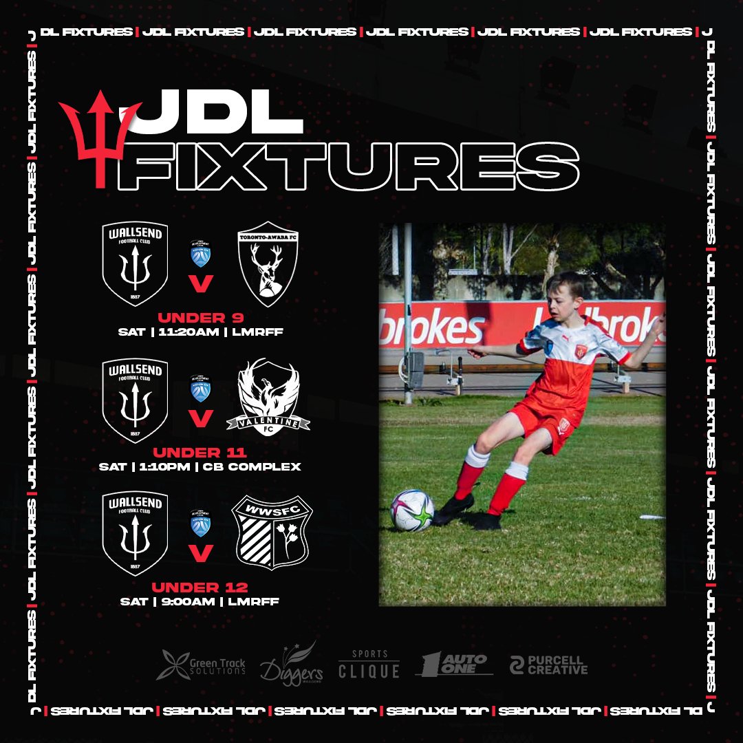 🔱 | 𝗝𝗗𝗟 𝗙𝗜𝗫𝗧𝗨𝗥𝗘𝗦

All 3 JDL Teams back in action this weekend - a big clash in our U/12s as we see a Junior Wallsend Derby!

- U9s v Toronto Awaba Stags Football Club.
- U11s v Valentine Eleebana FC
- U12s v West Wallsend SFC

#WFC1887 | #COYRD

🖌️ Purcell Creative