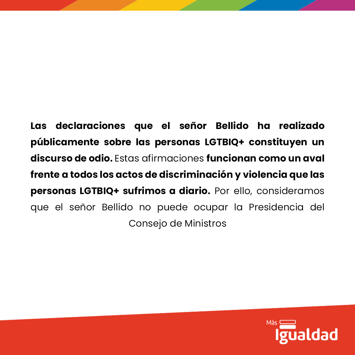masigualdadpe's tweet image. 🗣️Como organización defensora de los derechos humanos de personas LGBTIQ+ rechazamos la designación de Guido Bellido como presidente del Consejo de Ministros. Alguien que sostiene un discurso violento y discriminatorio contra mujeres y personas LGBTIQ+ no puede ocupar este cargo.