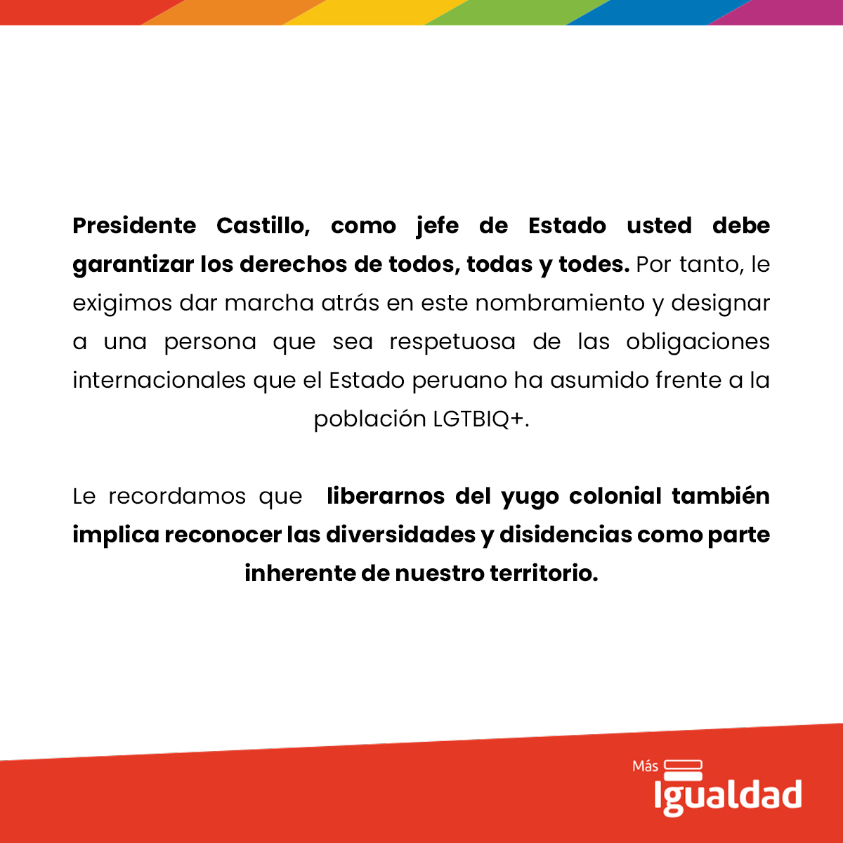 masigualdadpe's tweet image. 🗣️Como organización defensora de los derechos humanos de personas LGBTIQ+ rechazamos la designación de Guido Bellido como presidente del Consejo de Ministros. Alguien que sostiene un discurso violento y discriminatorio contra mujeres y personas LGBTIQ+ no puede ocupar este cargo.