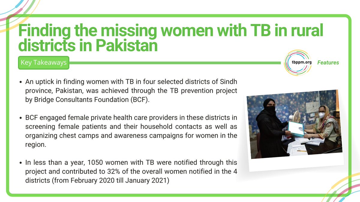 tb_ppm's tweet photo. Bridge Consultants Foundation engaged female private health care providers in Sindh province to make it easy for women with TB to access care. Read more on this week's #TBPPMFeatures
Link 👉https://t.co/bRS4z8au6E https://t.co/TnNmEXHaNk