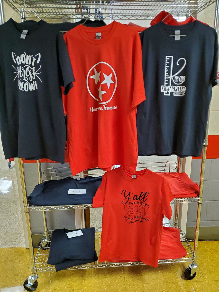 FblaHampshire's tweet photo. We now have our t-shirt lab operational. Here are some shirts made this week. My students will design, produce, market and sell them as part of my Entrepreneurship class. Excited to see what they create. We will make them available for the community. https://t.co/r9FPJWHqvL