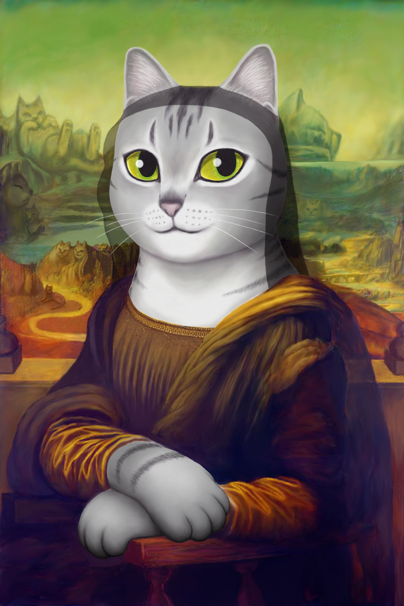 イラスト原画 とても可愛らしい 「吃驚猫」 融け
