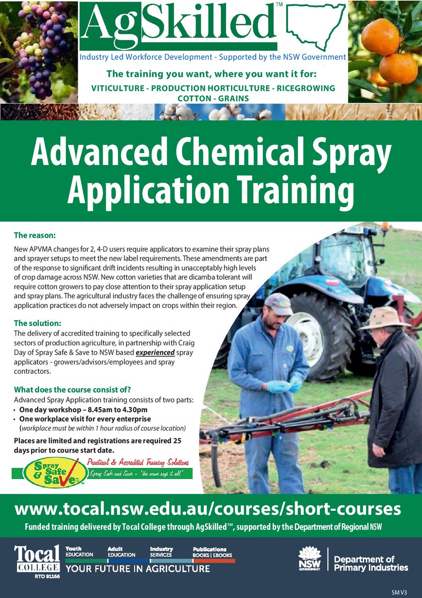 Calling Hort & Broadacre farmers! Agskilled are running FREE Advanced Spray Application training in Griffith Tues 31 Aug. 1 day workshop + workplace visit 4 every enterprise 2 calibrate & test your spray equipment. Secure your place by NEXT Friday! Email craig.day@bigpond.com