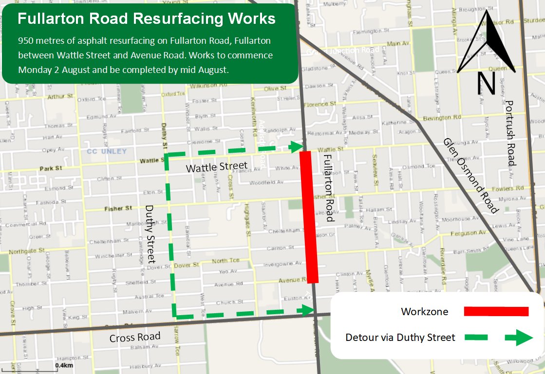 Works to resurface Fullarton Rd (Wattle Street to Avenue Rd) scheduled from Mon, 2 August to Mon 16 August, weather permitting.

Night works will be between 7pm &amp; 6am, Mon to Fri. Some Sunday night works may be required. 

Signage will be in place to advise of changed conditions.