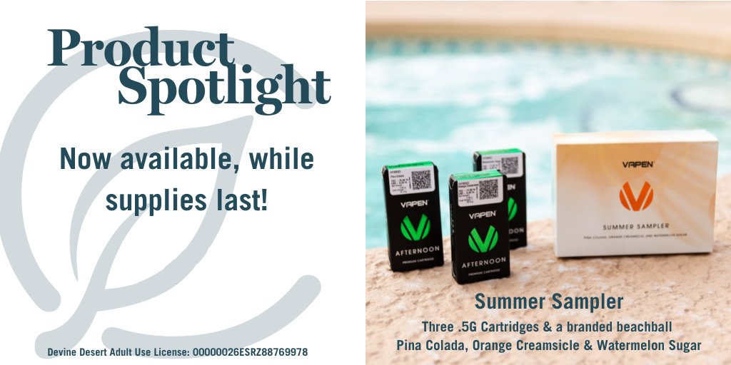 Fresh drop of the new Vapen Summer Sampler Pack now available! Comes with 3 .5g cartridges and a branded beachball.
Summertime flavors: Pina Colada, Orange Creamsicle &amp; Watermelon Sugar.

Shop here⬇️ 
curaleaf.com/locations/ariz…

Devine Desert Adult Use License: 00000026ESRZ88769978