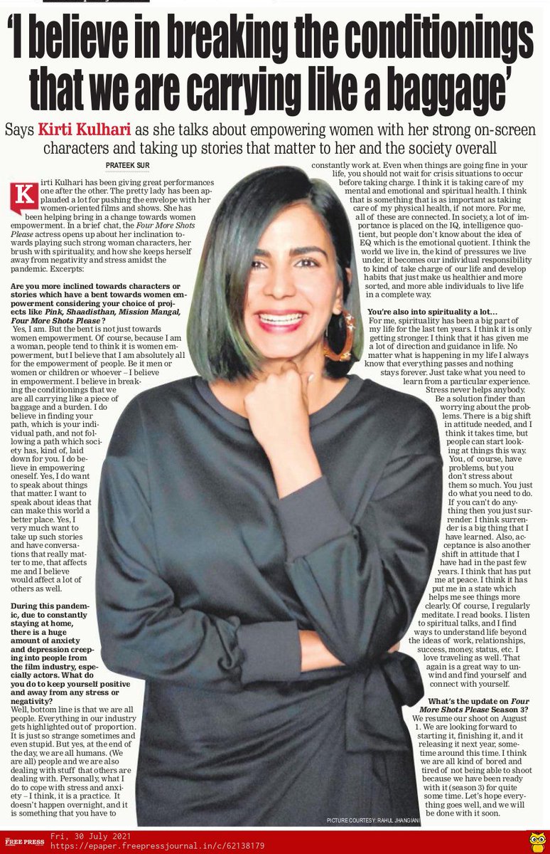 'I believe in breaking the conditionings that we are carrying like a baggage’, says 'Four More Shots' star @IamKirtiKulhari By @iPrats freepressjournal.in/entertainment/…