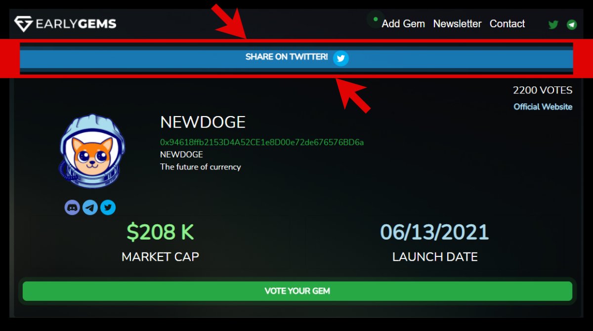 Help NEWDOGE win the EarlyGems contest! Just click the link below and select the button at the top that says "Share on Twitter" earlygems.cc/gem/NEWDOGE
#NEWDOGE #Altcoins #BSCGems