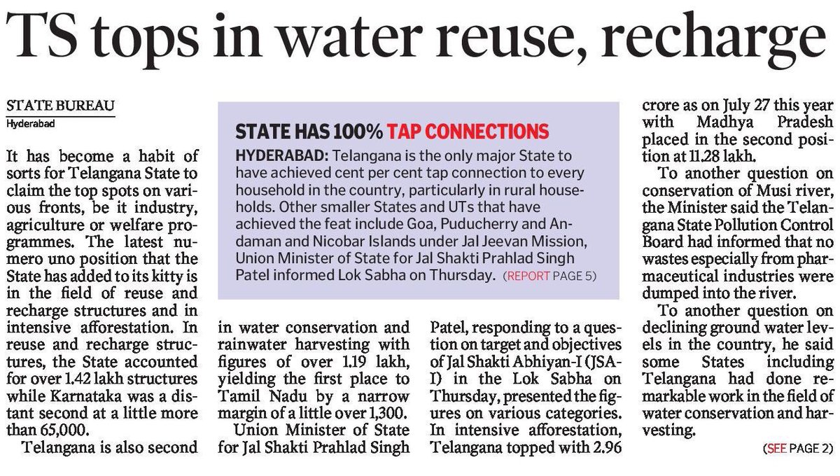 PuttaVishnuVR's tweet photo. #Telangana’s focus on Reduce, Reuse, Recycle &amp; Recharge is yielding great results👇

TS topped the Country in water reuse, recharge &amp; intensive afforestation

TS is 2nd in water conservation &amp; rainwater harvesting

TS, the only major state to provide 100% tap connections
@KTRTRS https://t.co/c99Nk9jQQS