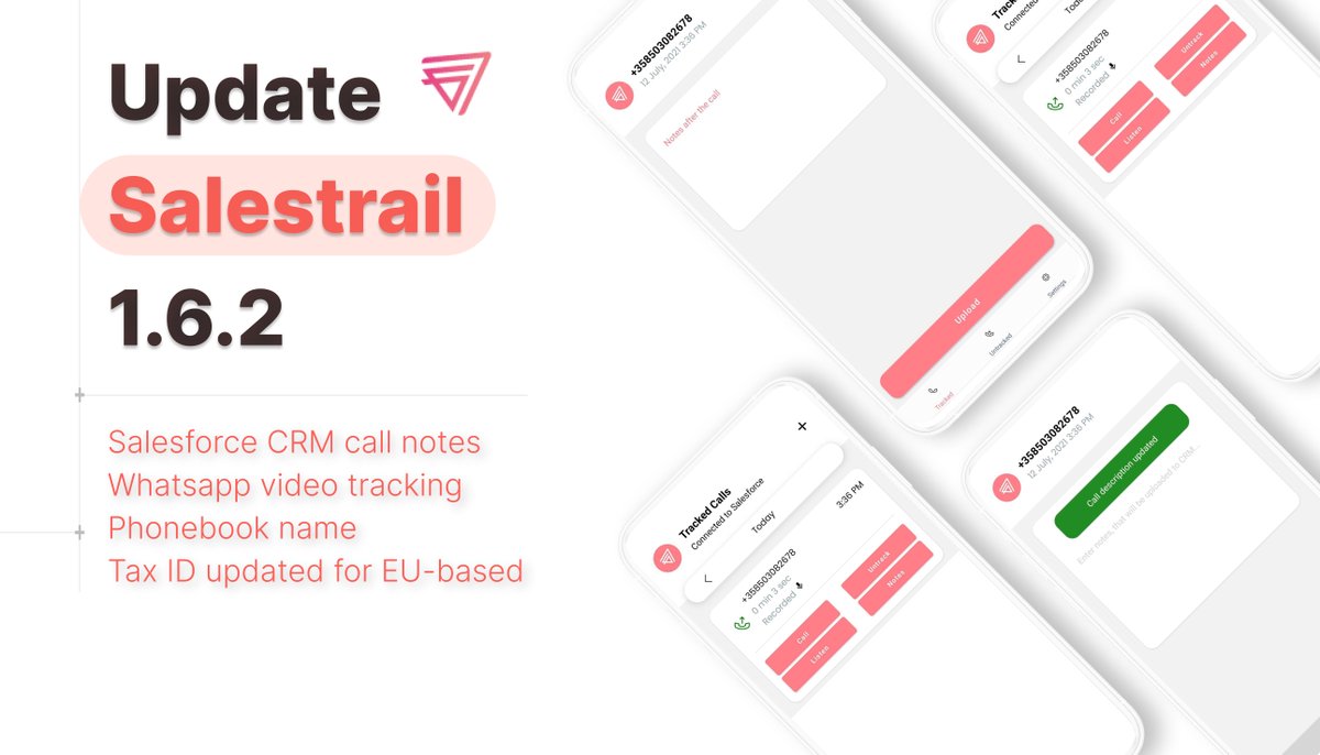Salestrail (@salestrail) on Twitter photo 🤘 Checkout Salestrail latest update 1.6.2
🚀 Adding notes after <a href="/salesforce/">Salesforce</a> CRM-integrated calls
🚀 Whatsapp video call tracking on Android
🚀 Phonebook Name is included in the Calls table
🚀 VAT field for EU-based companies
Download @👉 hubs.li/H0TnJlc0 🤘 Checkout Salestrail latest update 1.6.2
🚀 Adding notes after <a href="/salesforce/">Salesforce</a> CRM-integrated calls
🚀 Whatsapp video call tracking on Android
🚀 Phonebook Name is included in the Calls table
🚀 VAT field for EU-based companies
Download @👉 hubs.li/H0TnJlc0