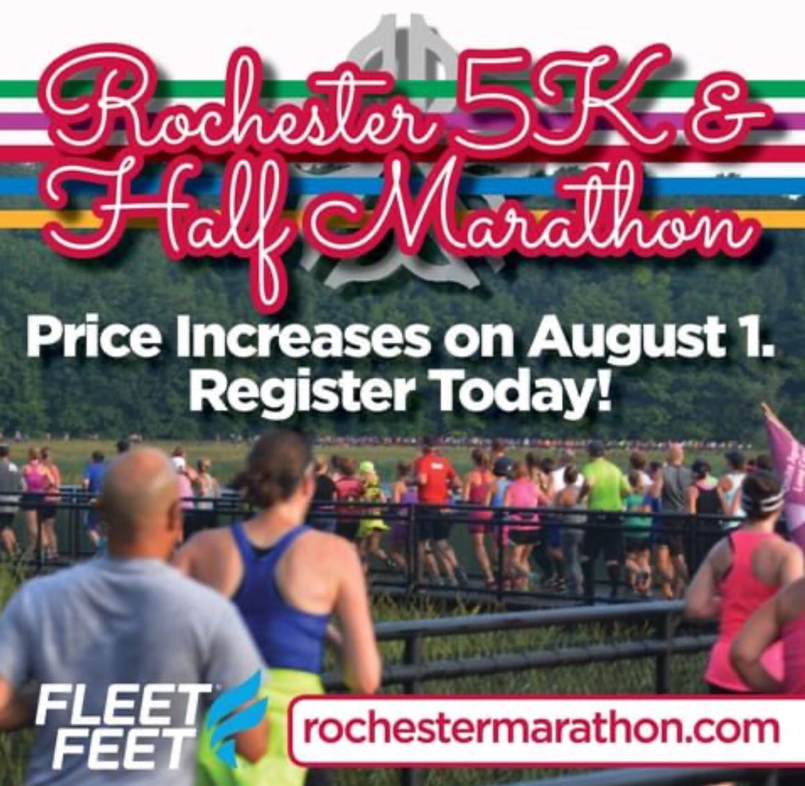 Let’s Celebrate Rochester!  Fees Increase this Sunday, August 1st for Rochester 1/2 Marathon &amp; 5K. Register at rochestermarathon.com