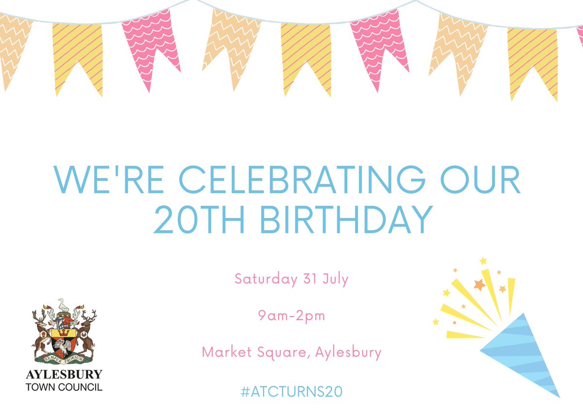 We're celebrating our 20th birthday tomorrow (Saturday 31 July) at <a href="/AylesburyMarket/">Visit Aylesbury</a> from 9am-2pm. 🥳🧁

Find our celebratory stall, have a chat with some of our Town Councillors and take a look back on the last two decades while supporting your local market. 🎉🤩 #aylesbury