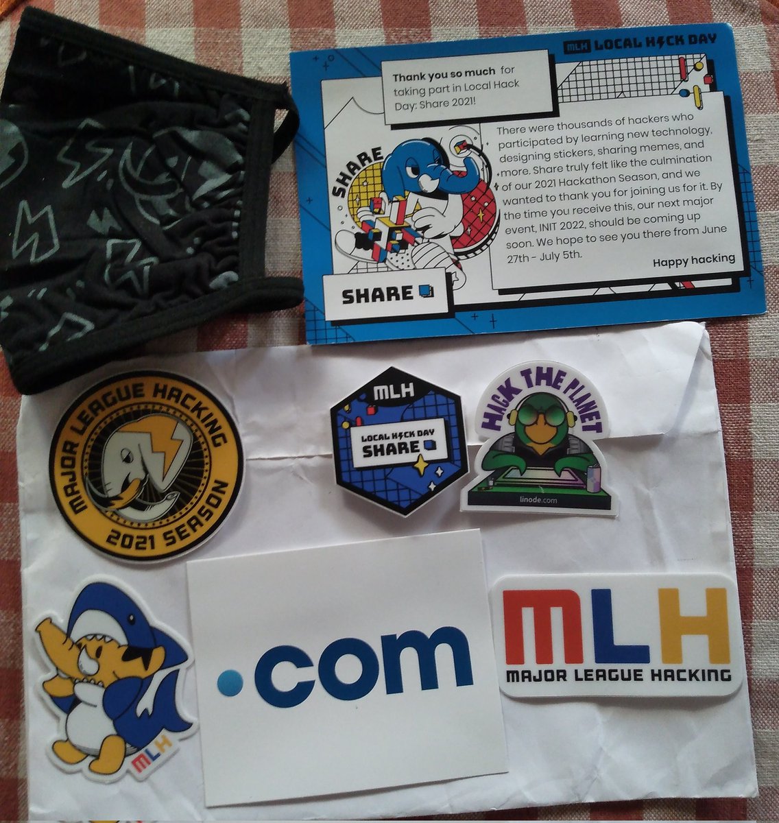 Thanks <a href="/MLHacks/">Major League Hacking (MLH)</a> for the awesome swag . 
#mlh #Hackathon #swag