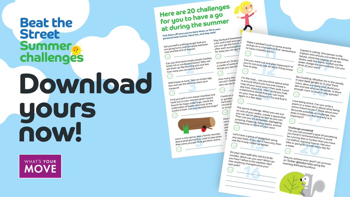 Have you tried our Beat the Street Summer Challenges yet? ☀️ If not, download our booklet from bit.ly/2UPwfrX and see how many challenges you can complete!

Share your summer moves with us using #WhatsYourMove for a chance of winning a Beat the Street goody bag!