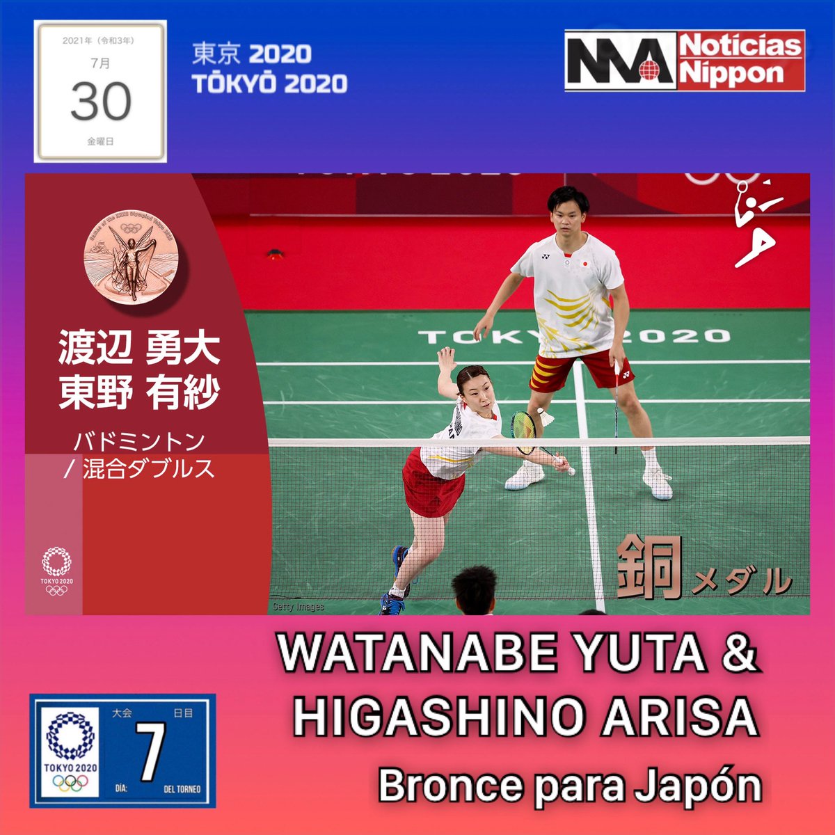 NoticiasNippon's tweet photo. [BADOMINTON] nipones #WATANABE Yuta y #HIGASHINO Arisa se adjudicaron la medalla de #bronce en dobles mixtos en #bádminton de los Juegos Olímpicos de #Tokyo2020.

#オリンピック　#日本　#バドミントン  #混合ダブルス 　#銅メダル   #渡辺勇大　#東野有紗 #noticiasnippon #Japón https://t.co/aPkXEjDiz7