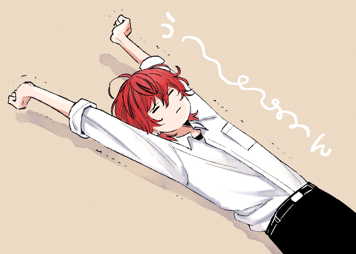 1boy male focus red hair solo shirt stretching white shirt  illustration images