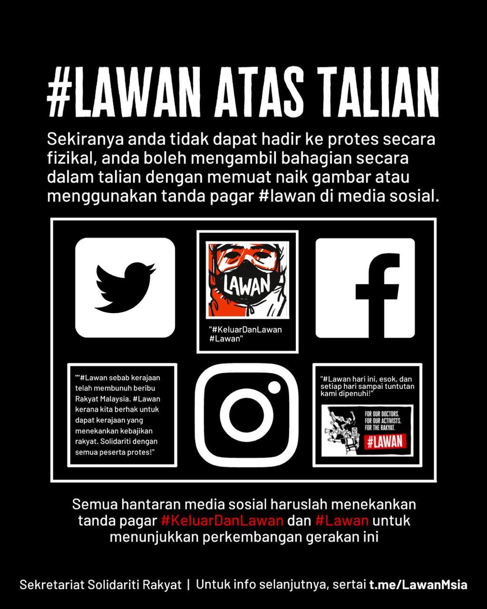 BorneoKomrad's tweet photo. Tidak dapat #KeluarDanLawan? Jangan berduka, kita manfaatkan teknologi yang ada dengan #Lawan atas talian!

Dokongan dan solidariti yang utuh diperlukan. Muhyiddin mesti letak jawatan! #Lawan 🏴🏴🏴 https://t.co/tkUysx08oD