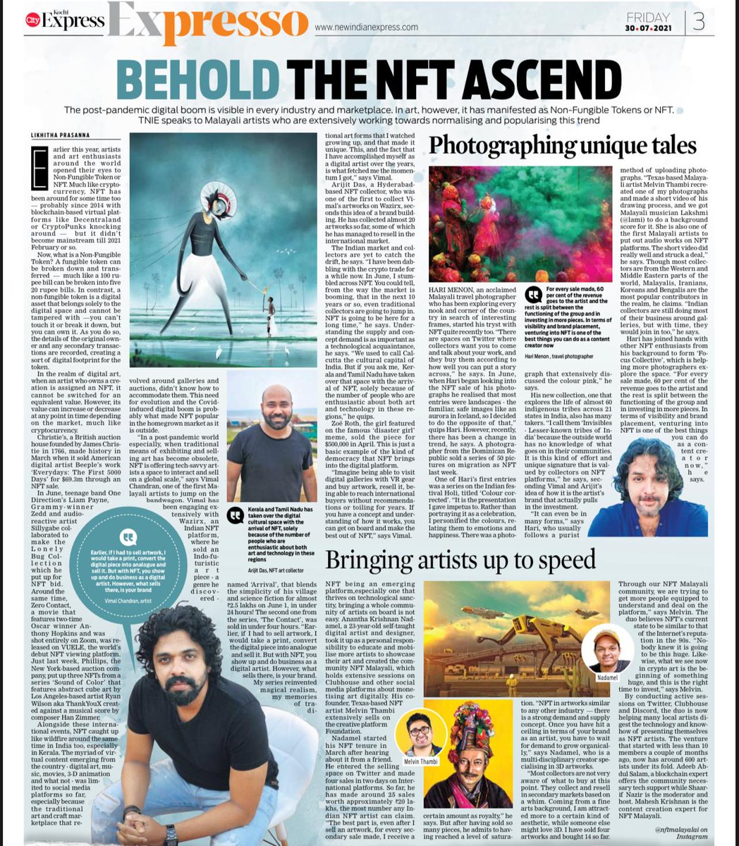 Glad to see <a href="/NFTMalayali/">NFT Malayali</a> group getting the attention <a href="/ThambiMelvin/">Melvin Thambi</a> <a href="/harimenonz/">Hari Menon</a> <a href="/ANadamel/">Nadamel.eth</a> #NFT #Creativeminds