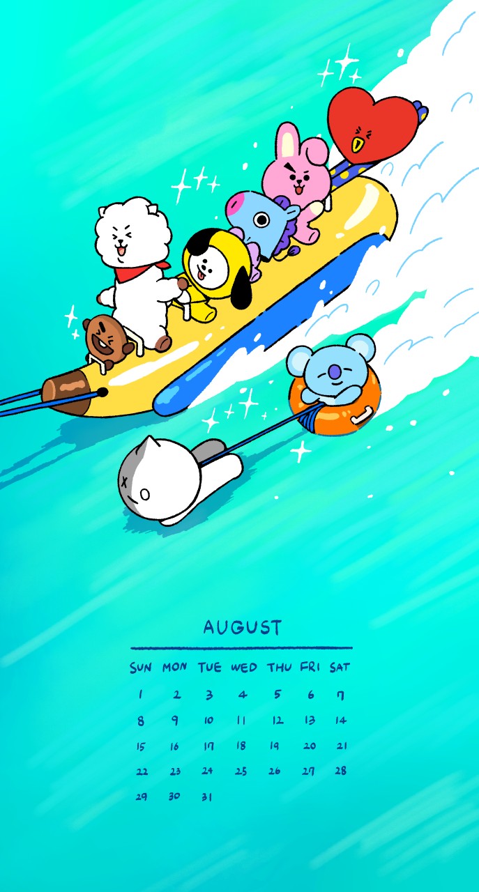 Bt21 Japan Official 8月もユニスターズ のみんなとともに 8月のカレンダーにスマホの壁紙も変えたよ 今年の夏も一緒に楽しもう 8月 壁紙 Cooky Bt21