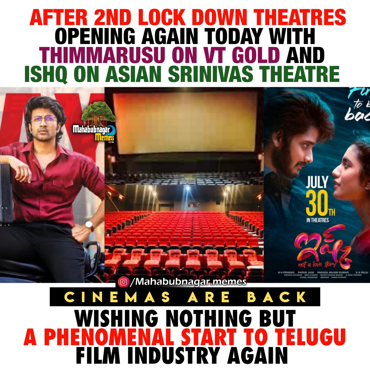MBNRMemes's tweet photo. Best wishes to both the Teams #Thimmarusu & #ISHQ
#MahabubnagarMemes #MMJuly2k21 #MbnrMemes #SrinivasaTheatre #VTGold https://t.co/Gver3Dl97l