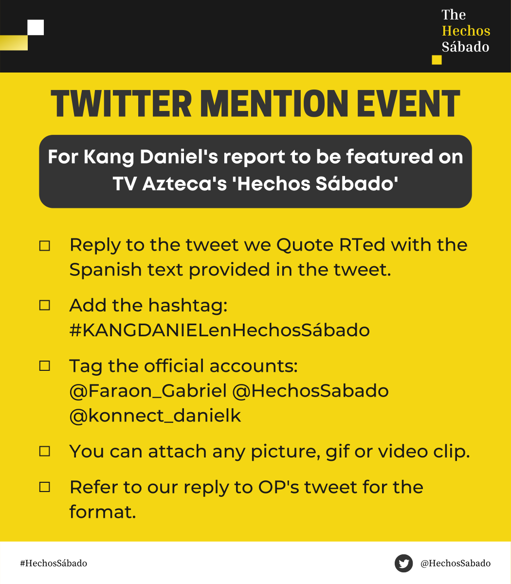 KDANIEL_SUPPORT's tweet photo. [1/2] Hi Danity,

Would you please help with this twitter event to get a Mexican show to feature a report on Kang Daniel &amp; his musical journey? 

Refer to the images below &amp; reply to the tweet we Quote RTed with the Spanish comments below.

#KangDaniel #강다니엘 @konnect_danielk https://t.co/CBh6xaIqxL