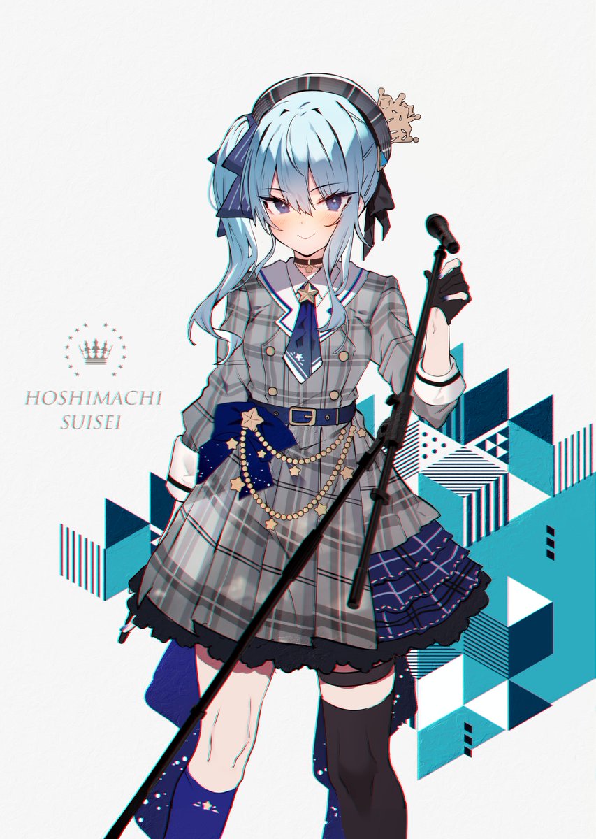 hoshimachi suisei 1girl solo crown blue hair blue eyes gloves side ponytail  illustration images