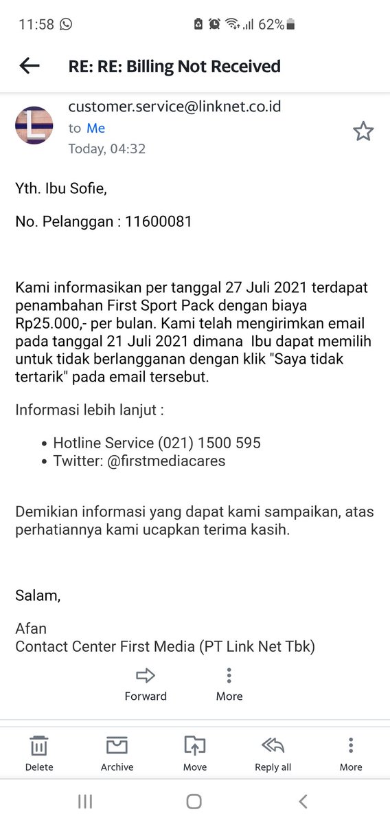 sofiesyarief's tweet photo. Gara-gara tweet @gandrasta soal cara manipulatif @FirstMediaCares memaksakan paket langganan, saya jadi ngecek akun. Dan ternyata benar ada tagihan Sport Pack. Langsung saya kirim komplain via app karena saya tidak pernah merasa langganan. Silakan baca lanjutannya. 😂 https://t.co/yeFjFjVWnf