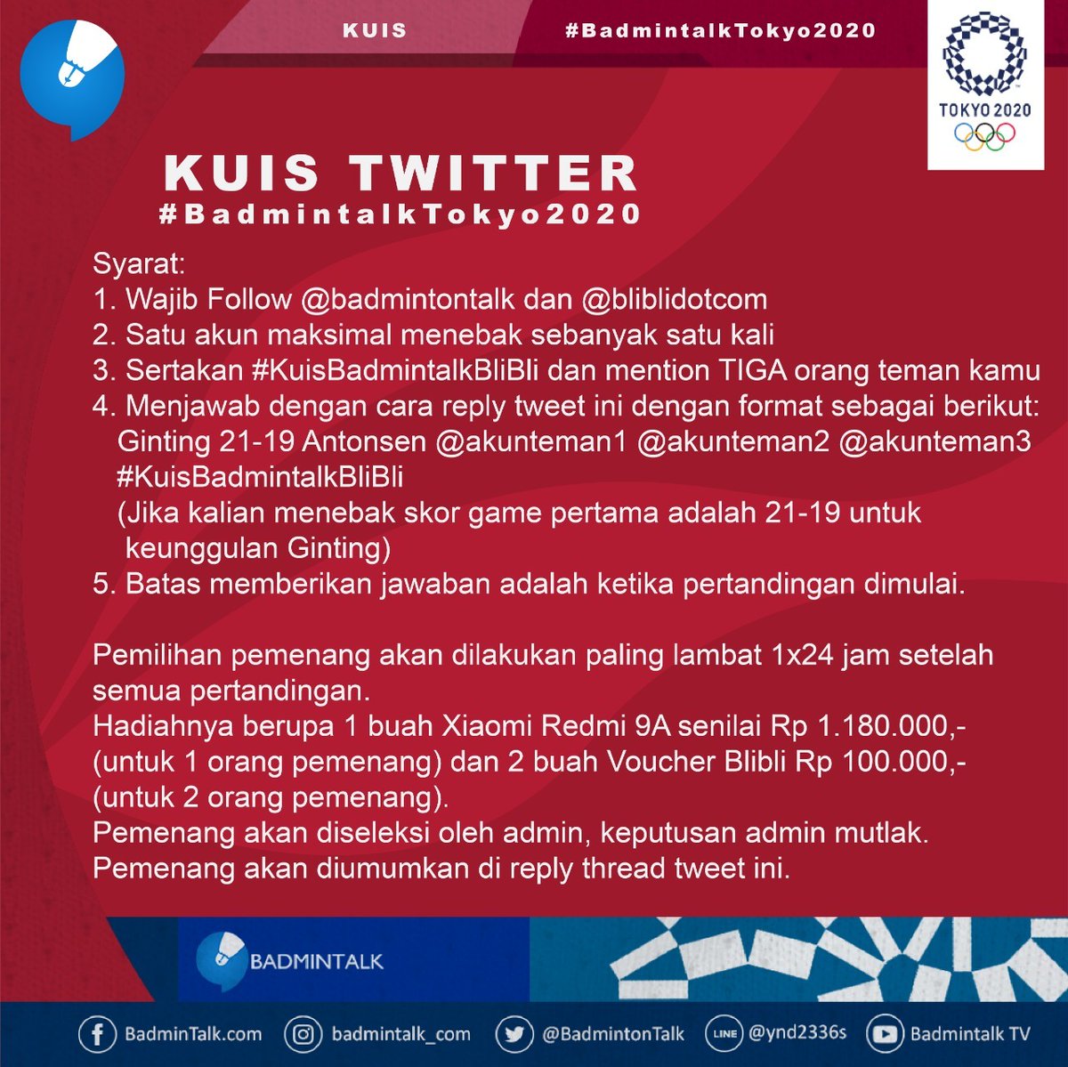 BREAKINGGGG

Rezeki tambahan dari blibli!!

1. Follow <a href="/bliblidotcom/">Blibli</a> 

2. Reply prediksi SKOR GAME 1 dgn format
"Ginting xx-xx Antonsen (3 akun)"
contoh
Ginting 21-3 Antonsen <a href="/agnezmo/">AGNEZ MO</a> <a href="/LunaMaya26/">luna maya</a> <a href="/sherinasinna/">🛸</a>

3. RT+LIKE

4. Menangkan Xiaomi Redmi 9A

#BtalkBlibliQuizTokyo2020