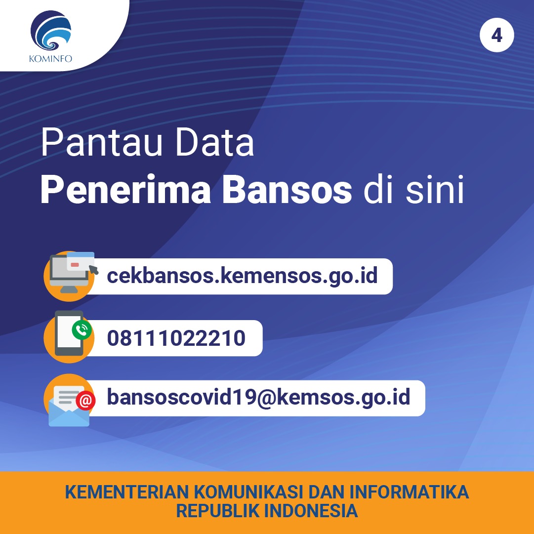 Kementerian Sosial telah menyalurkan 3 jenis Bantuan Sosial (Bansos) selama masa PPKM untuk mereka yang terdampak pandemi covid-19.
 
Cek status penyaluran 3 jenis Bansos yang telah ditargetkan untuk masyarakat, apakah sedang proses, siap proses, dan telah salur.