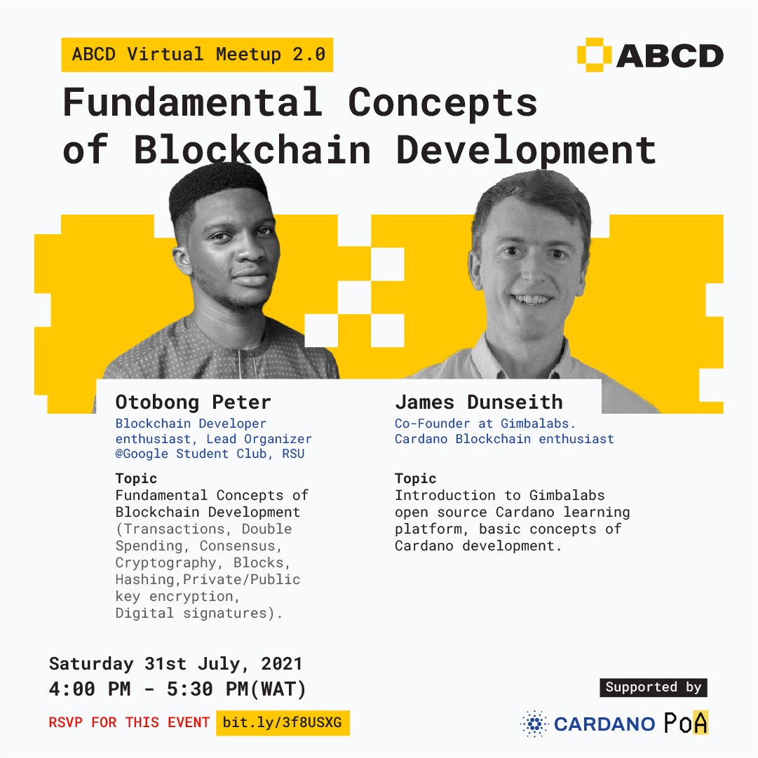 abc_devs's tweet photo. ABCD's second virtual monthly webinar **Saturday July 31 at 4PM WAT** with @jamesdunseith from @gimbalabs &amp; Otobong Peter, trainee in our first @emurgo_in program.

🔡 seeks to build a community of blockchain devs in 🌍, be sure to join us !

👇🏽👇🏽
https://t.co/KiYggqWr7F https://t.co/ox4PQOfGgX