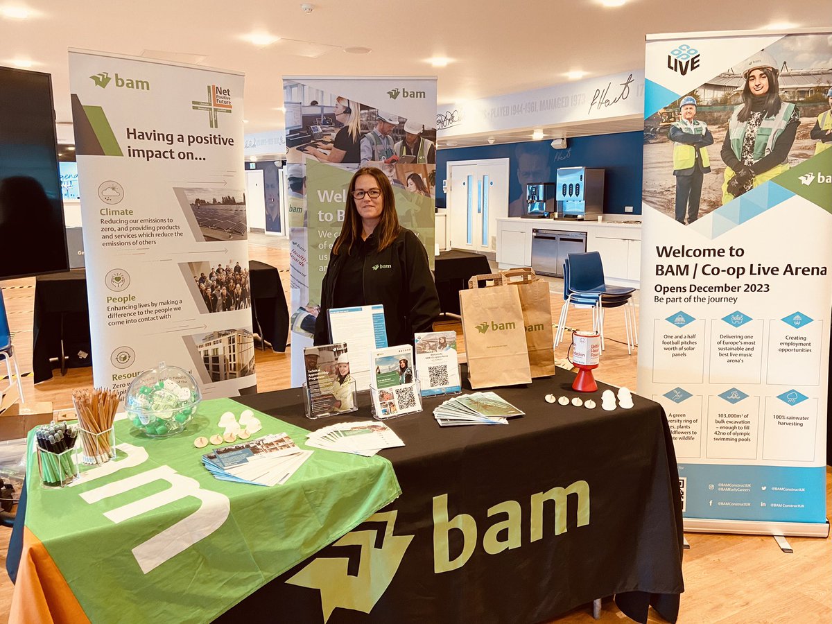 AlisonPower2's tweet image. All set up for the jobs fair at The Etihad Stadium. Come down today and tomorrow 9-5 and meet the team members from @BAMConstructUK to discuss a wide range of roles in construction and find about the amazing new arena being built @TheCoopLive #ManCity