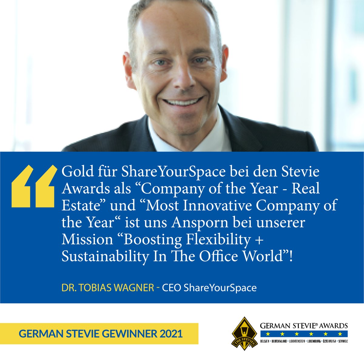 Bei den 7. German Stevie Awards gewann die <a href="/ShareYourSpace/">spacemate</a> für ihr herausragendes Konzept gleich zwei goldenen Stevie Awards für das innovativste Unternehmen und das Unternehmen des Jahres im Bereich Immobilien. 
CEO Dr. Tobias Wagner freut sich über den Gewinn:
