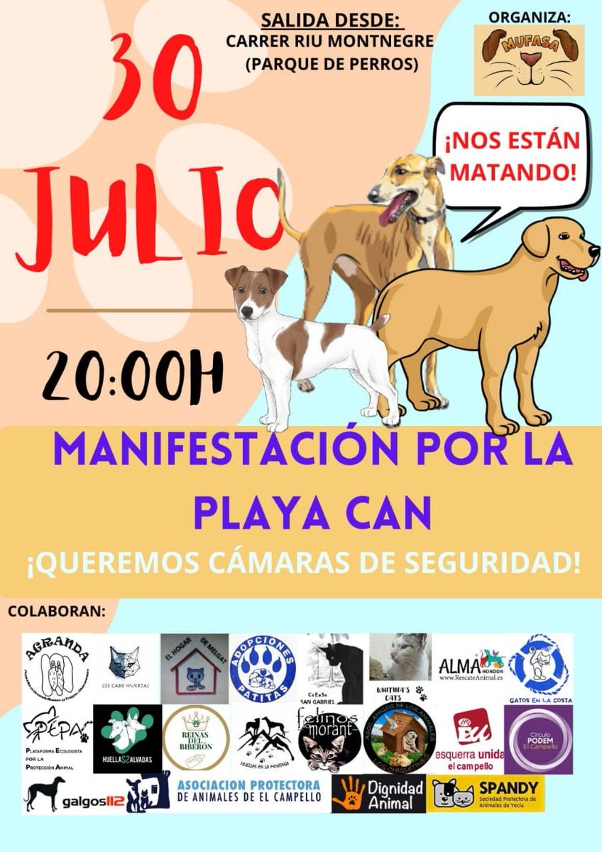gatosenlacosta's tweet photo. No os olvidéis: es hoy a 20:00.MANIFA POR LOS #PERROS de #ElCampello playa.
Hay que parar las agresiones en la playa canina!!
#dignidadAnimal #derechosAnimales #derechoAnimales #PlayaCan https://t.co/97tDeexQAO