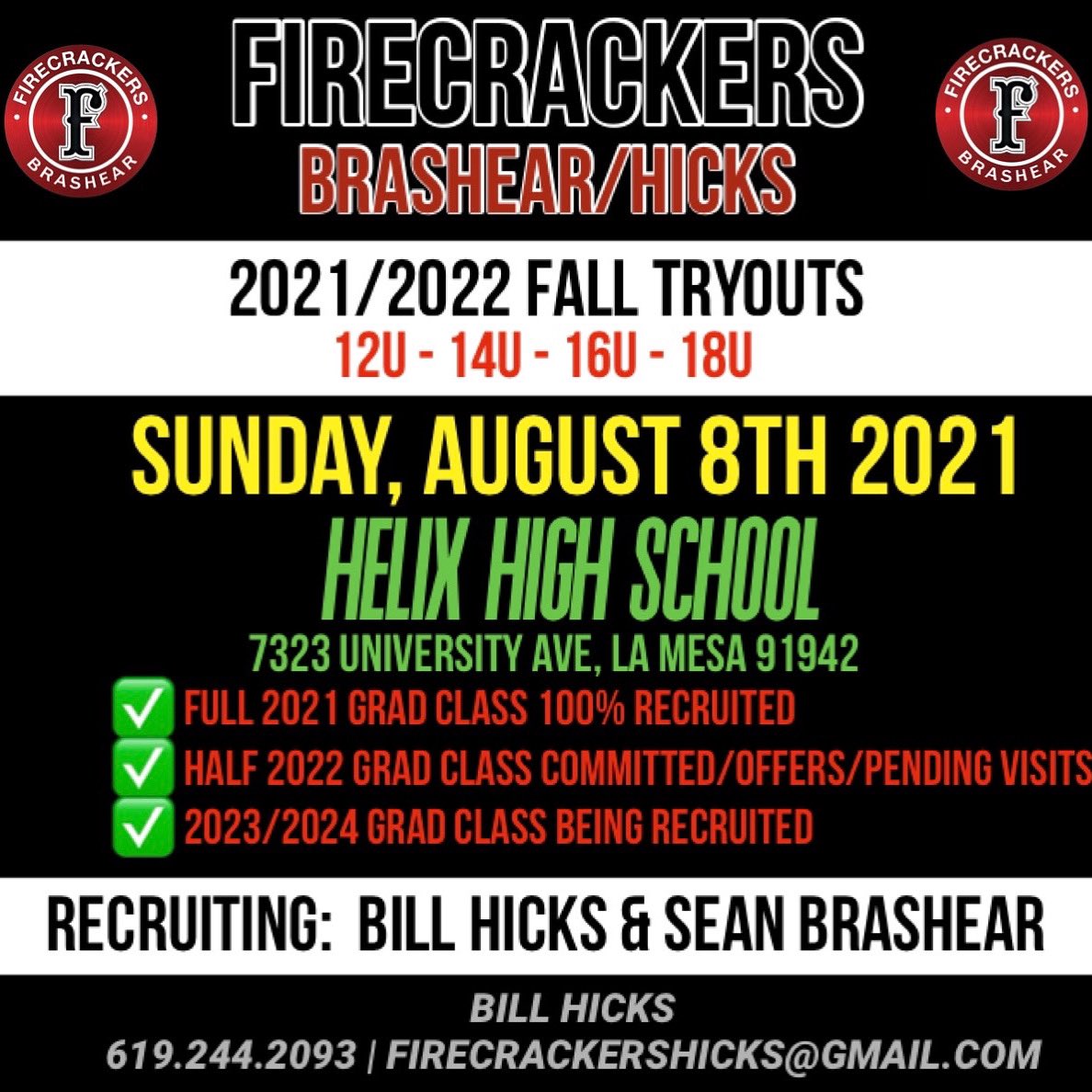 FCBrashearHicks's tweet photo. Players looking for next level recruiting help or to play top level competition take a look!
Our graduating class of 2021 was 100% committed.  Out of state/committed players welcome as well.  Email: firecrackershicks@gmail.com or click Tryout link:
https://t.co/CDBMQey4FW https://t.co/Yc7NGgY1yy