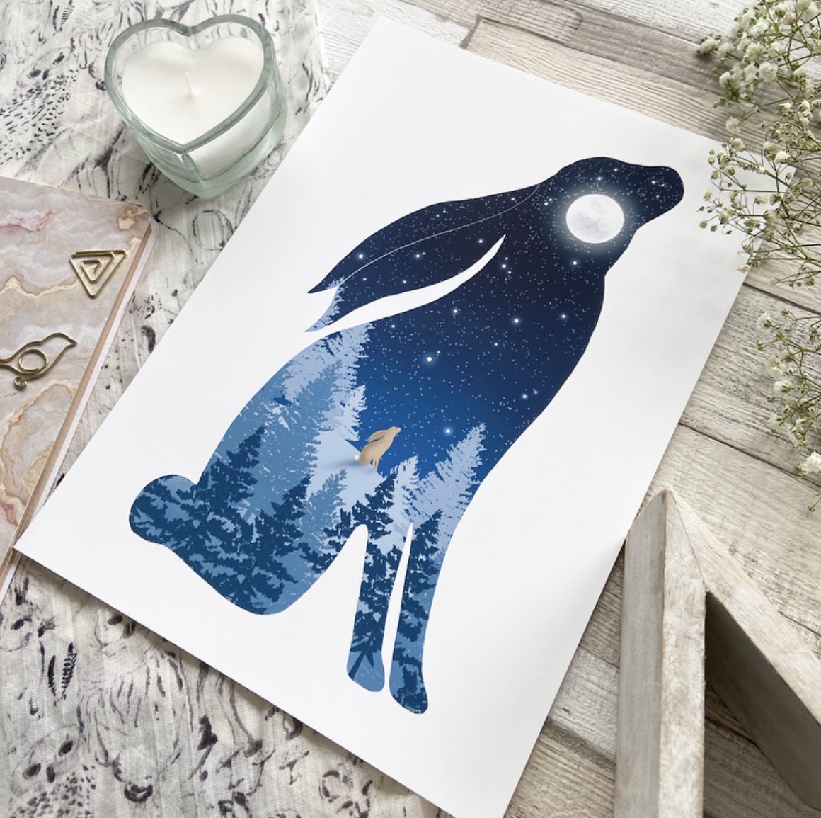 Moon Gazing Hare Print 💙 This little fella is strating to get popular 💙 #earlybiz #handmade #handmadegifts #giftideas #hare #moon #nature #etyuk #fridaymorning etsy.me/2WC8Vif