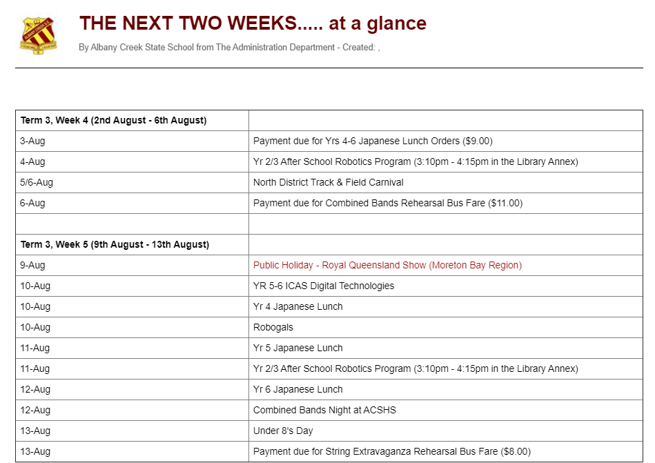 Stay safe every one over the week end. 
Catch up on all our news through the newsletter.
albanycreekss.eq.edu.au/calendar-and..…