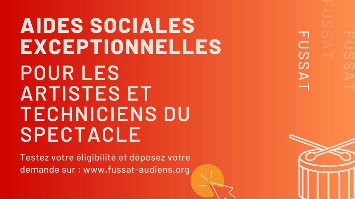 GroupeAudiens's tweet image. [#FUSSAT] 
🚨 Prolongation jusqu’au 31 août 2021 des aides financières exceptionnelles pour les artistes et techniciens du spectacle. Pour déposer votre dossier :
 👉  fussat-audiens.org

#Covid19 #solidarité #artistes #techniciens #intermittents #spectacle 

@MinistereCC