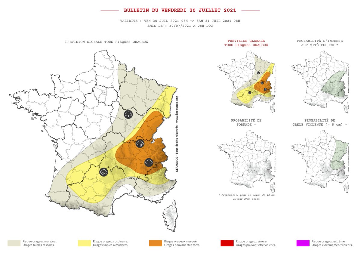 Des #orages circulent dans le sud dès ce matin. Ils vont se réactiver dans l'après-midi pour devenir isolément forts sur le centre-est de la #France avec de fortes #pluies possibles et des chutes de #grêle. Bulletin complet -> 