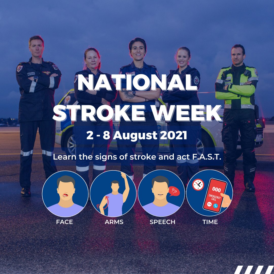 AmbulanceVic's tweet image. It's National Stroke Week 🧠⁠
⁠
Did you know one in four people around the world will have a stroke in their lifetime? 👤🙍‍♂‍👤👤⁠ ⁠
⁠
We've partnered with the @strokefdn to raise awareness of the F.A.S.T. signs of stroke and calling triple zero early. #strokeweek2021