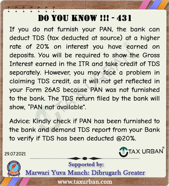 TaxUrban20's tweet photo. 𝗗𝗼 𝗬𝗼𝘂 𝗞𝗻𝗼𝘄 - 𝟰𝟯𝟭
#BANK #BANKUpdates #TDS #PAN #Interest #Deposits #Credit #ITR #Return #26AS #India #DoYouKnow #TaxUrban https://t.co/I6pGngLWly