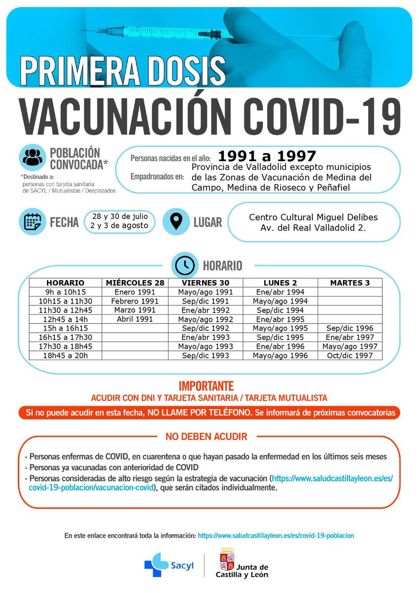 📢Vacunación masiva en Valladolid hoy viernes 30:

👉Primera dosis:

Nacidos en 1991 (mayo a diciembre), 1992 y 1993.

📍Centro Cultural Miguel Delibes

⏰Por el mes de nacimiento