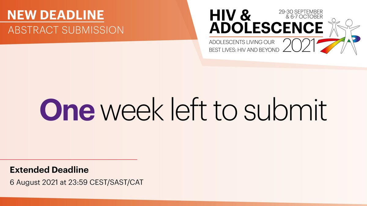 The abstract deadline for #HIVAdolescence 2021 has been extended!

Submission deadline is now Friday 6 August, at 23:59 CEST/SAST/CAT!

Do not miss out on this chance to contribute your research &amp; explore HIV &amp; beyond!

Submit here &gt;&gt;bit.ly/3zvzofE

#YouthInAction #HIV