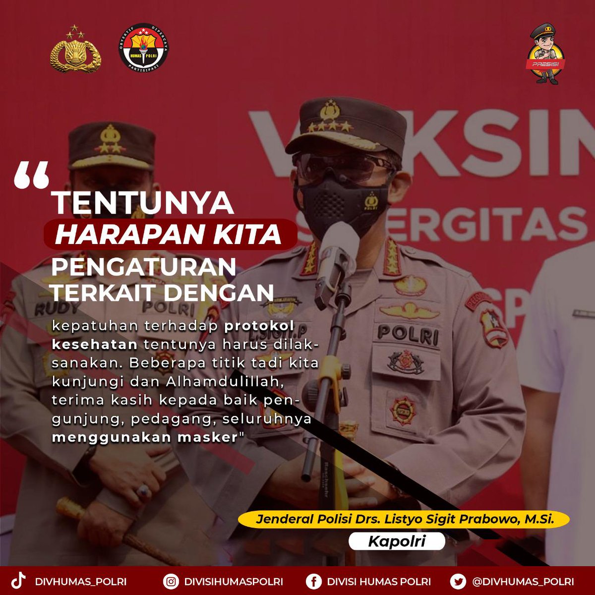 KemaPolsek's tweet photo. *"Tentunya harapan kita pengaturan terkait dengan kepatuhan terhadap protokol kesehatan tentunya harus dilaksanakan. Beberapa titik tadi kita kunjungi dan Alhamdulillah, terima kasih kepada baik pengunjung, pedagang, seluruhnya menggunakan masker"* Kapolri

#SinergiPercepatVaksi https://t.co/HWT2McacPn