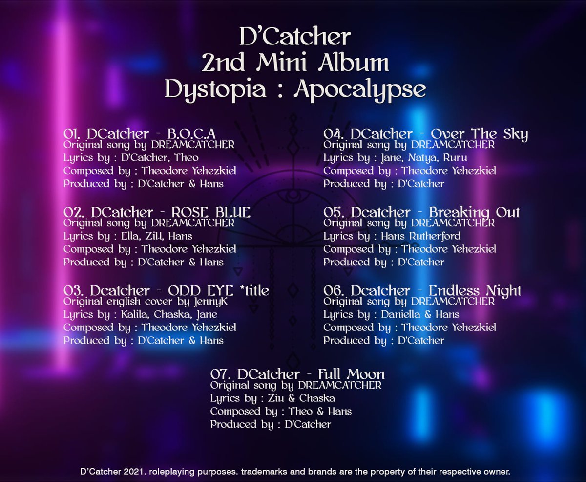 ️️ ️️ ️️ ️️ ️️️️ ️️

       ✨D'CATCHER 2ND MINI ALBUM✨                         
                DYSTOPIA : APOCALYPSE
️️ ️️ ️️ ️️ ️️️️ ️️ㅤ    ㅤㅤ ㅤㅤTRACKLIST

ㅤ