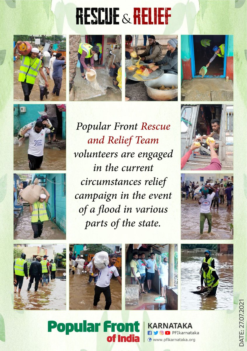 PFIkarnataka's tweet photo. Popular Front Karnataka Rescue and Relief team Engaged in flood relief service during recent #KarnatakaFlood https://t.co/Qp0EJp4JOg