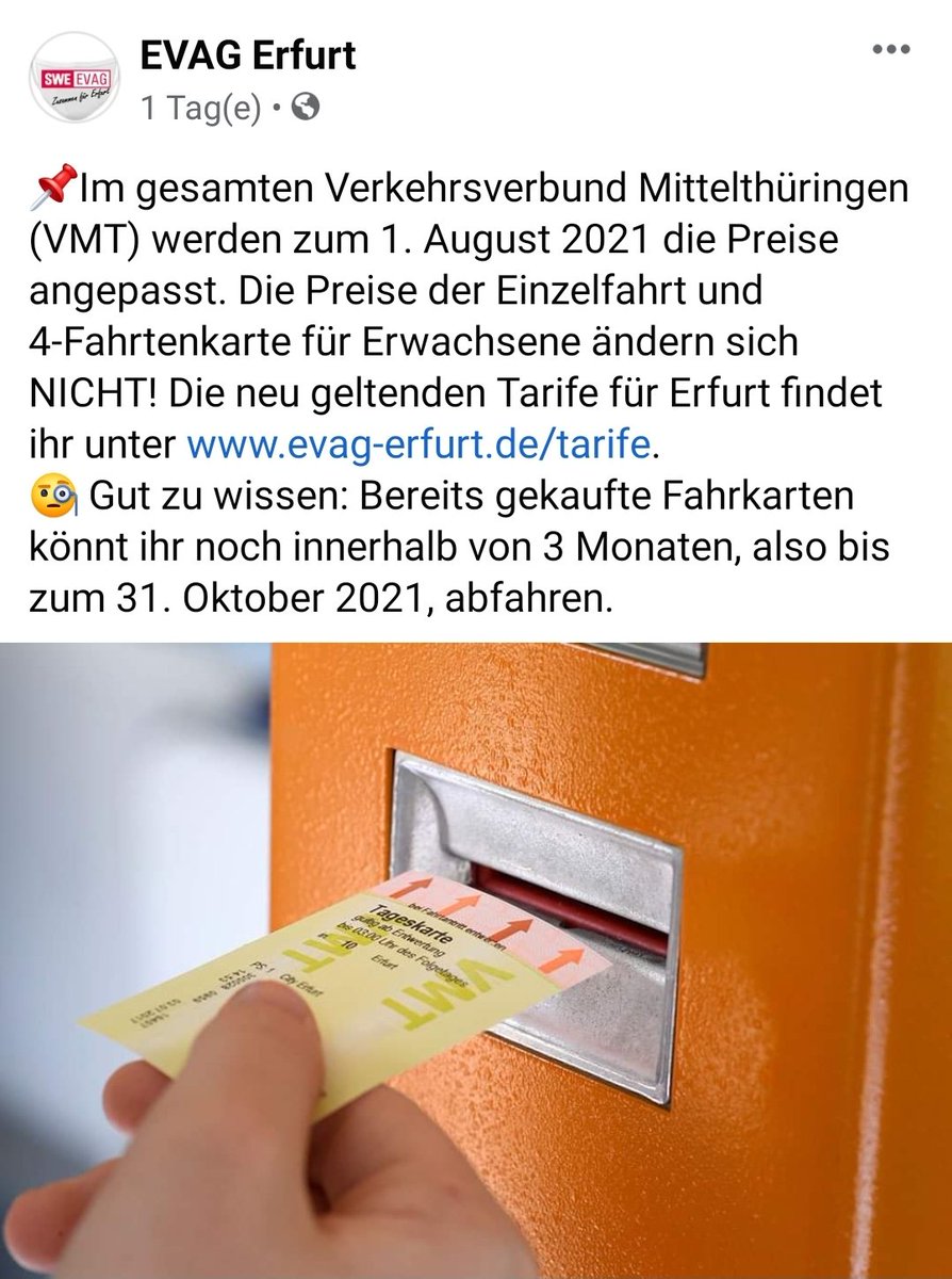 "Die Preise der Einzelfahrt und 4-Fahrtenkarte für Erwachsene ändern sich NICHT!"

... dafür erhöht die <a href="/EVAG_direkt/">EVAG_direkt</a>, pünktlich zum Beginn der Sommerferien, die Ticketpreise für die Kinder. lol! 🤡

Hey, <a href="/SWE_Erfurt/">Stadtwerke Erfurt</a>: 🖕

#Erfurt