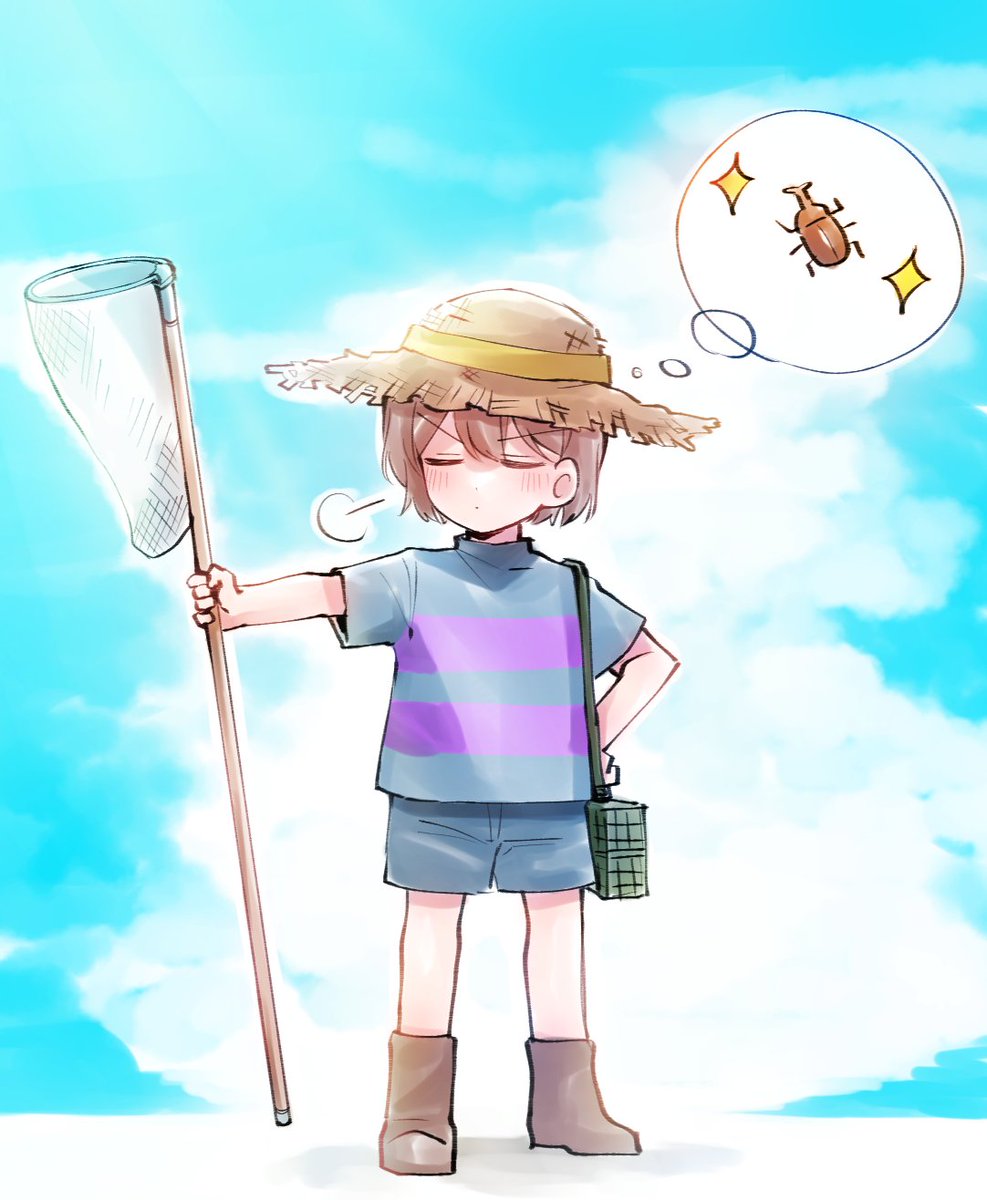 frisk (undertale) hand net butterfly net closed eyes hat shirt brown hair straw hat  illustration images
